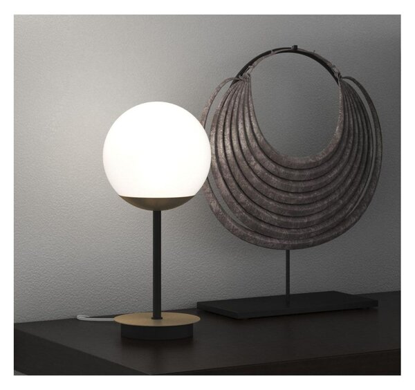CLEAR LAMPADA DA TAVOLO MODERNA IN METALLO NERO E OTTONE CON DIFFUSORE A SFERA BIANCO LAMPADINA ATTACCO E27
