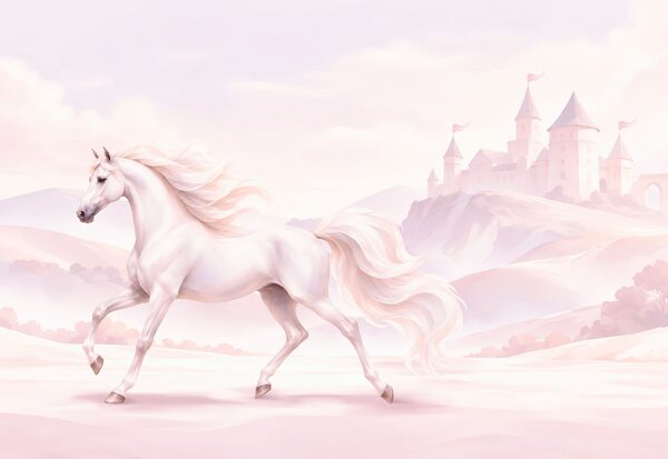 Carta da parati Cavallo bianco che galoppa in un paesaggio innevato, Carta da parati gli unicorni, Carta da parati popolare - Tapeko.it