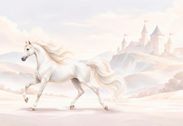 Carta da parati Cavallo bianco che galoppa in un paesaggio innevato, Carta da parati gli unicorni, Carta da parati popolare - Tapeko.it