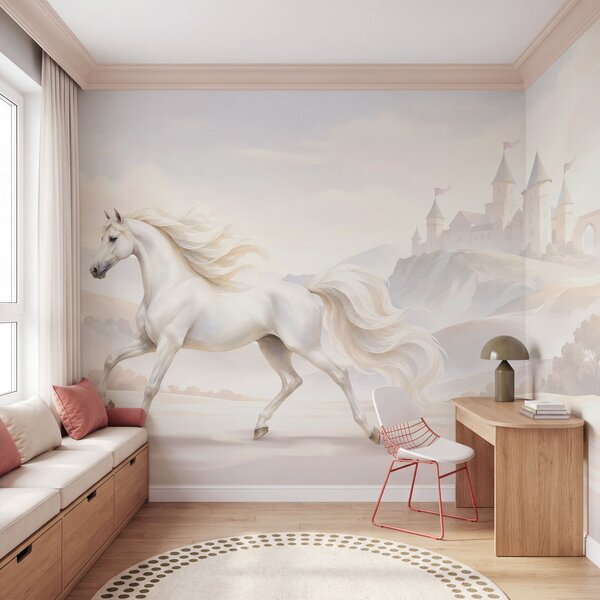 Carta da parati Cavallo bianco che galoppa in un paesaggio innevato, Carta da parati gli unicorni, Carta da parati popolare - Tapeko.it