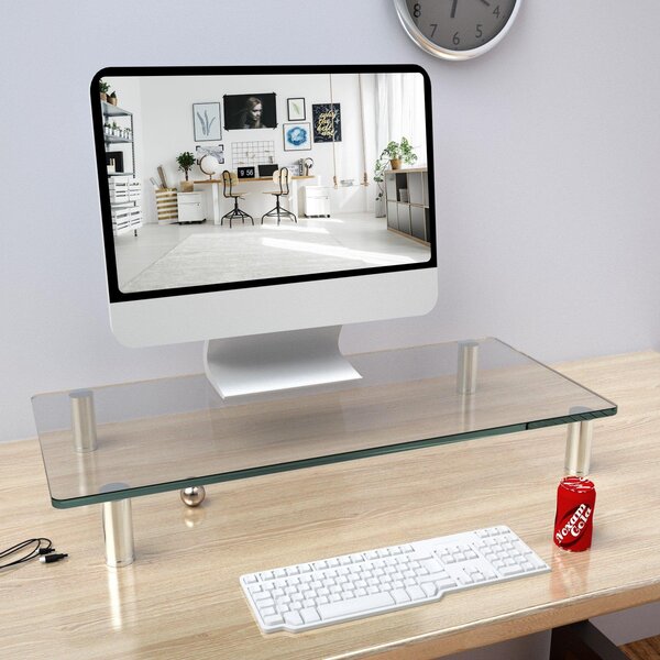 Supporto Monitor da Scrivania Regolabile 56x21x9-11H cm in Vetro e Acciaio Glass