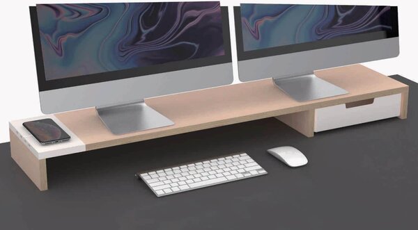 Supporto per Doppio Monitor da Scrivania 100x20x9 cm con Entrata USB e Base di Ricarica Wireless