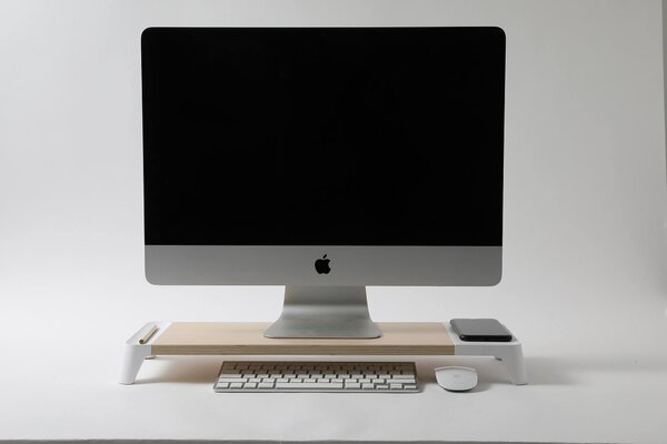 Supporto Monitor da Scrivania 56x20x5,7 cm con Base di Ricarica Wireless in MDF e Plastica Bianco