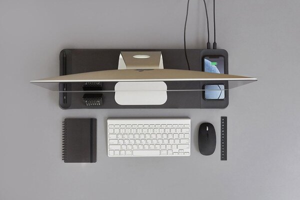 Supporto Monitor da Scrivania 56x20x5,7 cm con Base di Ricarica Wireless in MDF e Plastica Nero