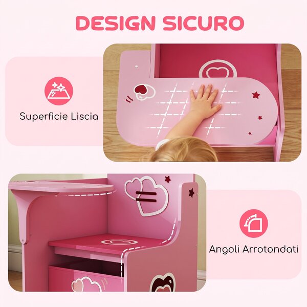 AIYAPLAY Set Tavolo e Sedia per Bambini 3-5 Anni in Legno MDF con Motivi a Cuore, Contenitore Integrato, Rosa | Aosom Italy