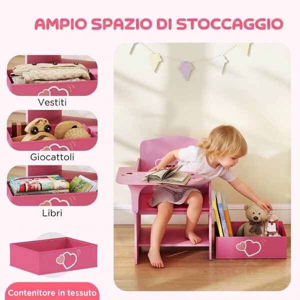 AIYAPLAY Set Tavolo e Sedia per Bambini 3-5 Anni in Legno MDF con Motivi a Cuore, Contenitore Integrato, Rosa | Aosom Italy