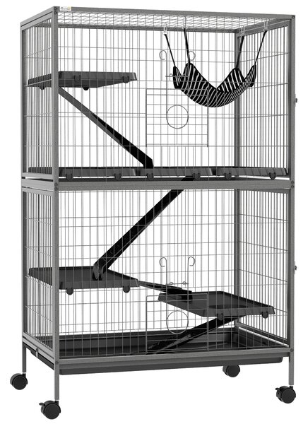 PawHut Gabbia per Roditori con 4 Ingressi a Livelli Multipli con Amaca, in Metallo e PP, 80x52x128 cm, Argento e Grigio | Aosom Italy