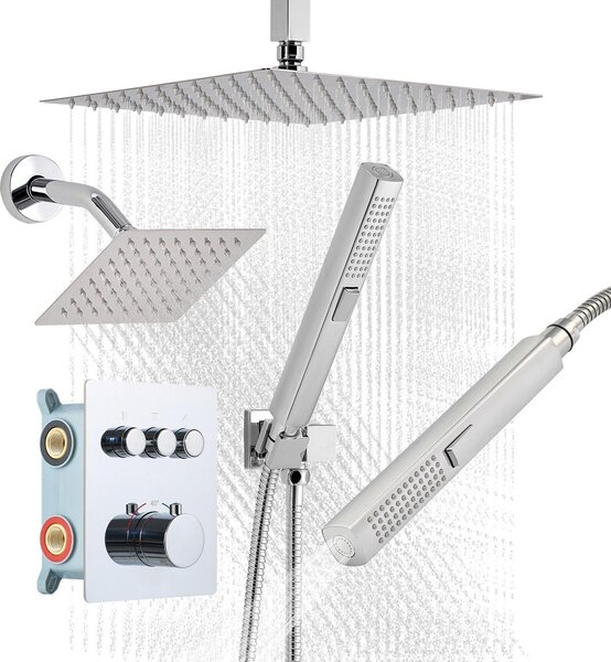 Set sistema doccia - Doccia a pioggia - Soffione da 30 cm - Soffione da parete da 15 cm - Doccetta 2 in 1 - 3 tipi di getto - Valvola termostatica in ottone - Girevole - Cromo