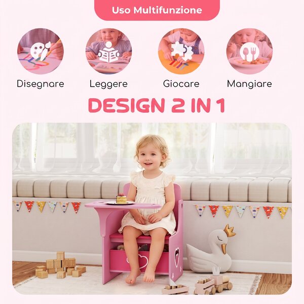 AIYAPLAY Set Tavolo e Sedia per Bambini 3-5 Anni in Legno MDF con Motivi a Cuore, Contenitore Integrato, Rosa | Aosom Italy