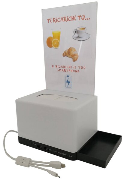 Porta Menu Dispenser Tovaglioli da Tavolo con Presa USB Ricarica Smartphone Asse Bianco