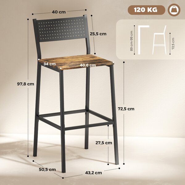 HOMCOM Set 2 Sgabelli da Bar con Schienale e Poggiapiedi Integrato in Stile Industriale, Marrone Rustico | Aosom Italy