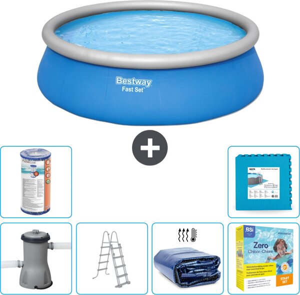 Piscina gonfiabile rotonda Bestway a presa rapida - 457 x 122 cm - blu - pompa inclusa - scaletta - tenda da sole - pacchetto manutenzione - filtro - pavimento in piastrelle