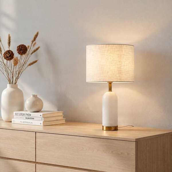 Lampada da tavolo Alabaster Lindby, Bianco / Opale, Soggiorno / Sala da pranzo, Tessuto / Stoffa / Seta, Scandinavo, Lampada da tavolo