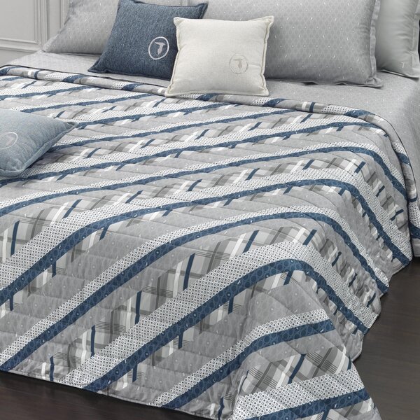 Completo Copripiumino In Raso Di Cotone Spring-patch Matrimoniale - 255X255 175X205 + 2 Federe 50X80 Trussardi Moderno Blu Caleffi