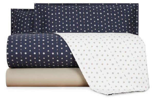 Completo Copripiumino In Raso Di Cotone Bowtie Matrimoniale - 255X255 175X205 + 2 Federe 50X80 Trussardi Geometrico Blu Caleffi