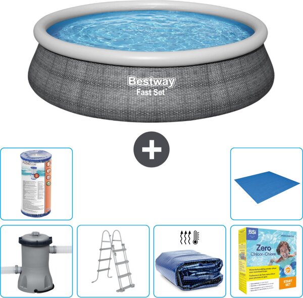 Piscina gonfiabile rotonda Bestway Fast-Set - stampa rattan - 457 x 107 cm - compresa pompa - scaletta - tenda da sole - pacchetto manutenzione - filtro - telo di fondo
