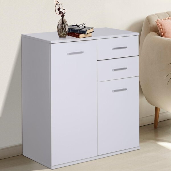 Mobiletto Cassettiera 2 Cassetti 2 Ante con Ripiano Regolabile in Legno Bianco 71x35x76 cm