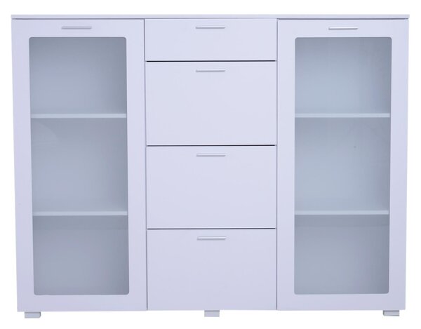 Mobile Cassettiera in Legno e Vetro Bianco 150x40x116.5 cm