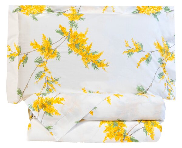 Completo Lenzuola In Percalle Rami-di-mimose Matrimoniale - 250X290 175X205 + 2 Federe 50X80 Emporium Floreale Giallo Caleffi