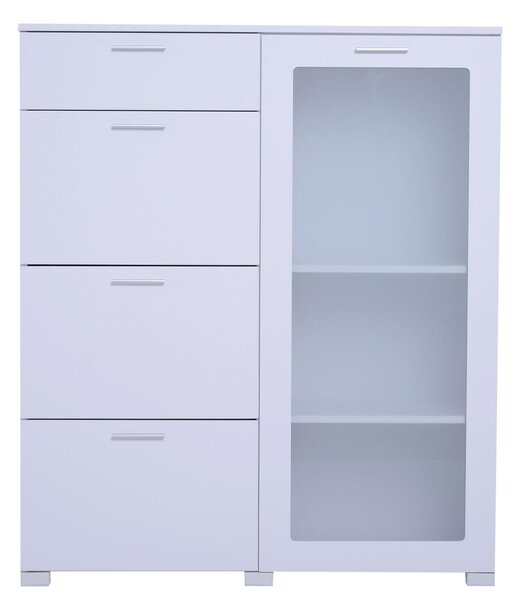 Mobiletto Cassettiera 4 Cassetti 3 Ripiani in Legno e Vetro Temperato Bianco 100x40x116.5 cm