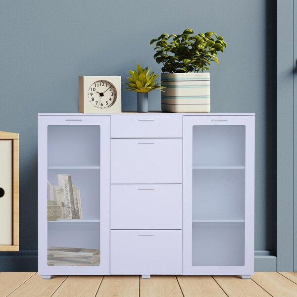 Mobile Cassettiera in Legno e Vetro Bianco 150x40x116.5 cm