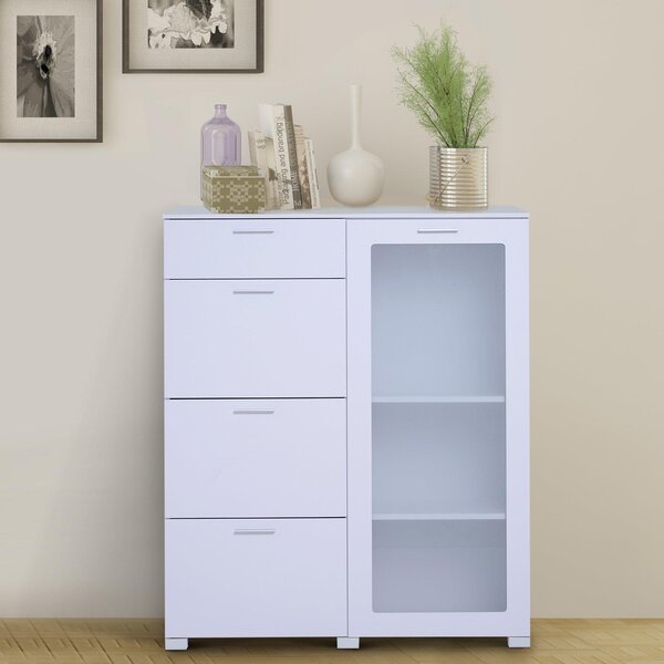Mobiletto Cassettiera 4 Cassetti 3 Ripiani in Legno e Vetro Temperato Bianco 100x40x116.5 cm