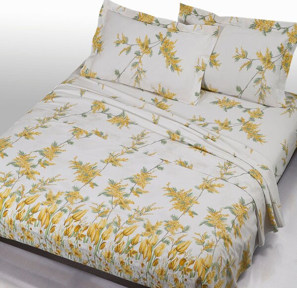 Completo Lenzuola In Percalle Rami-di-mimose Matrimoniale - 250X290 175X205 + 2 Federe 50X80 Emporium Floreale Giallo Caleffi