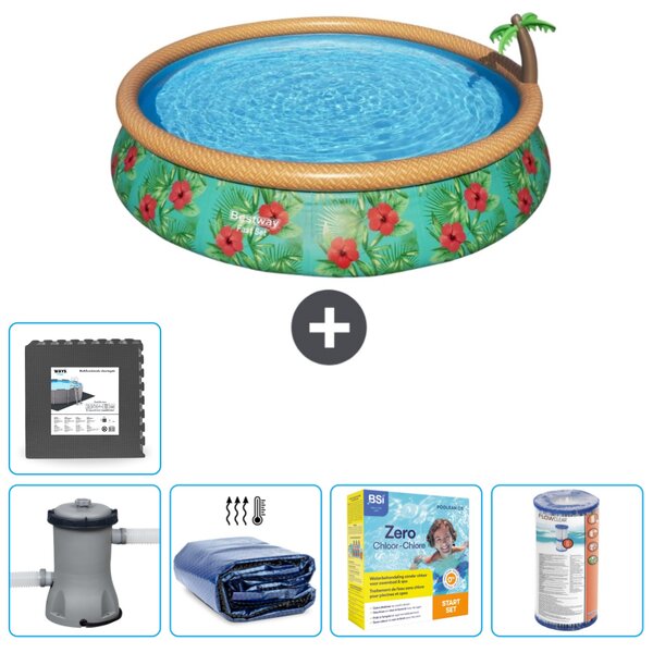 Piscina gonfiabile rotonda Bestway ad ambientazione rapida - Paradise Print - 457 x 84 cm - inclusa pompa - tenda da sole - pacchetto manutenzione - filtro - piastrelle per il pavimento