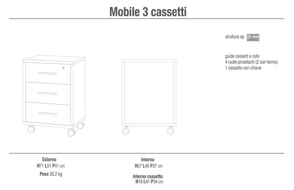 Cassettiera 3 Cassetti su Ruote 51x71x41 cm Cemento