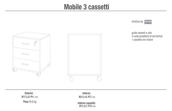Cassettiera 3 Cassetti su Ruote 50x70x41 cm Olmo Chiaro