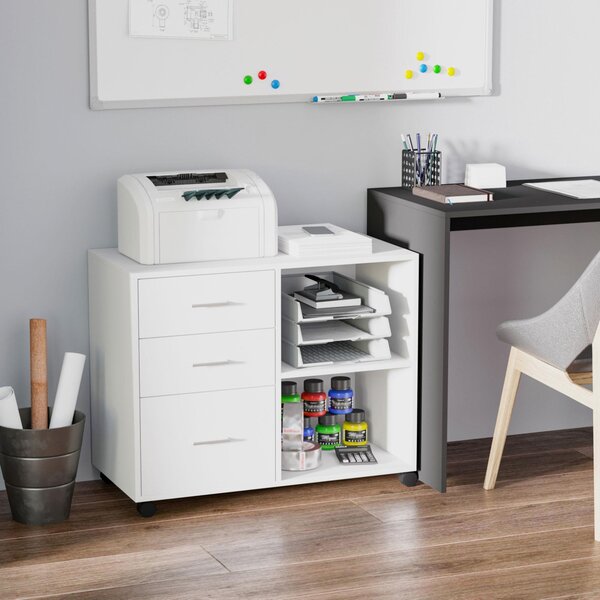 Mobile 3 Cassetti 2 Ripiani 80x40x65 cm con Ruote in Truciolare Bianco