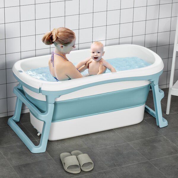 Vaschetta Bagnetto per Bambini 114x60,4x53 cm Antiscivolo Pieghevole Blu Bianco
