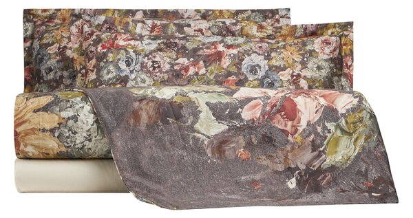 Completo Copripiumino In Raso Di Cotone Painted Garden Matrimoniale - 255X255 175X205 + 2 Federe 50X80 Mirabello Floreale Autunno Caleffi