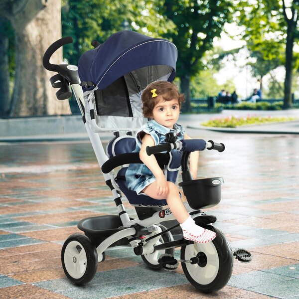 Passeggino Triciclo per Bambini con Maniglione Tetto Parapioggia Regolabile e Cestino Blu