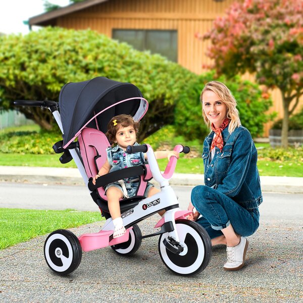 Passeggino Triciclo per Bambini con Maniglione Tettuccio e Cestino Rosa Chiaro