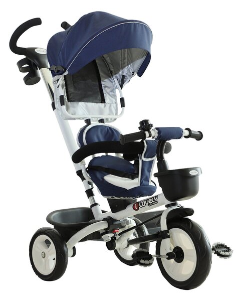 Passeggino Triciclo per Bambini con Maniglione Tetto Parapioggia Regolabile e Cestino Blu