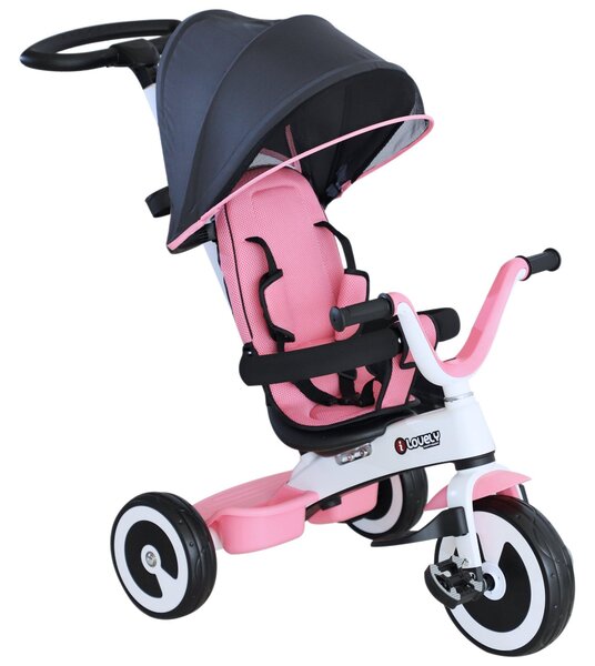 Passeggino Triciclo per Bambini con Maniglione Tettuccio e Cestino Rosa Chiaro