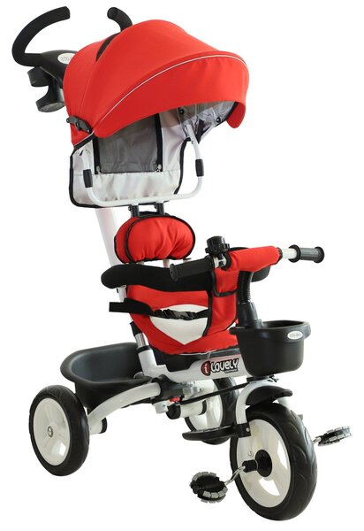 Passeggino Triciclo per Bambini con Maniglione Tetto Parapioggia Regolabile e Cestino Rosso