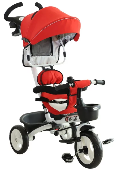 Passeggino Triciclo per Bambini con Maniglione Tetto Parapioggia Regolabile e Cestino Rosso