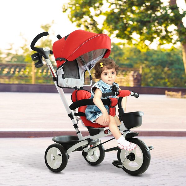 Passeggino Triciclo per Bambini con Maniglione Tetto Parapioggia Regolabile e Cestino Rosso