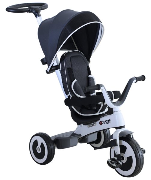 Passeggino Triciclo per Bambini con Maniglione Tettuccio e Cestino Grigio Scuro