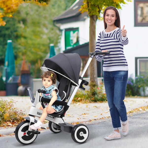 Passeggino Triciclo per Bambini con Maniglione Tettuccio e Cestino Grigio Scuro