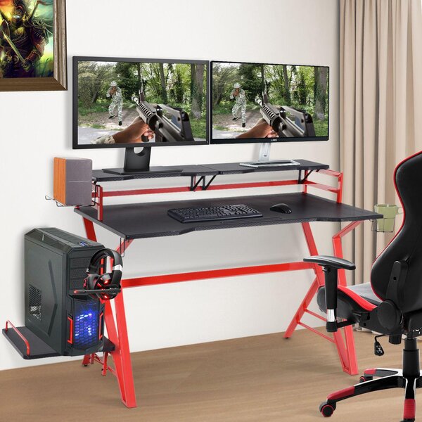 Scrivania da Gaming 168x66x92.5 cm in Acciaio e MDF con Portabicchiere Rossa e Nera