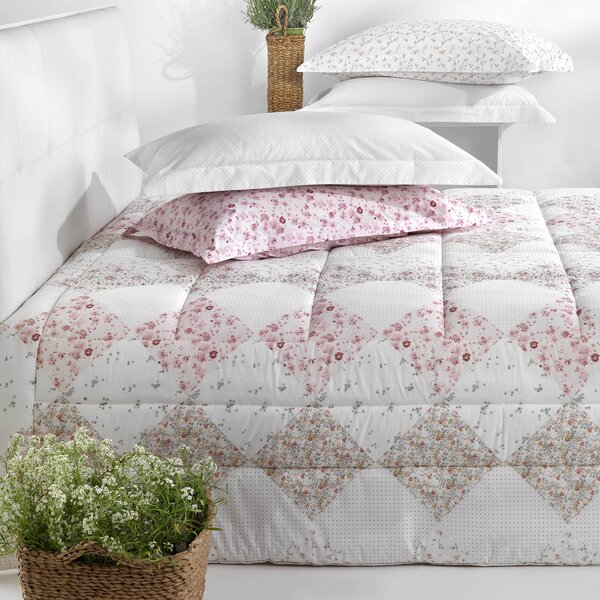 Copriletto Trapuntato In Percalle Patch-fleuri' 220x260 Mirabello Floreale Rosa Caleffi