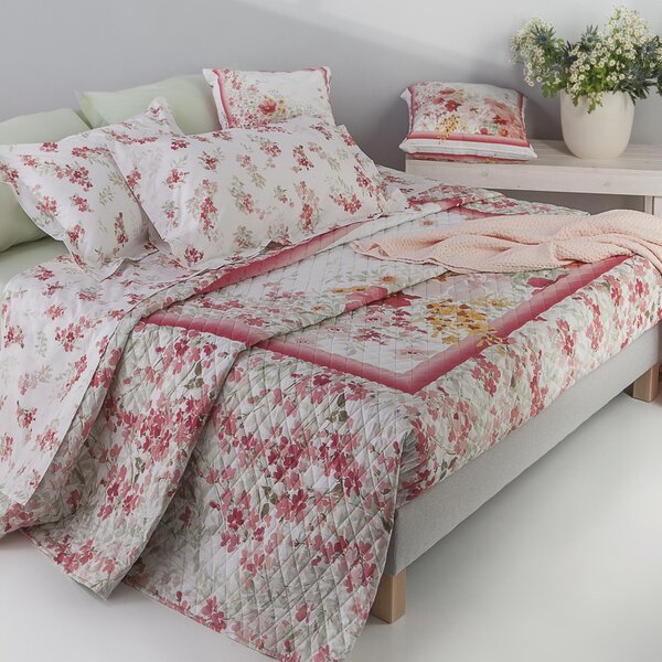 Copriletto Trapuntato In Percalle Rose-carre'fleur Matrimoniale - 270X260 Mirabello Floreale Rosa Caleffi