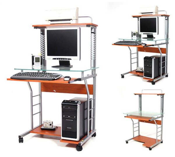 Scrivania Porta Pc 70x55xH130 cm in Vetro con Portatastiera Swift Ciliegio