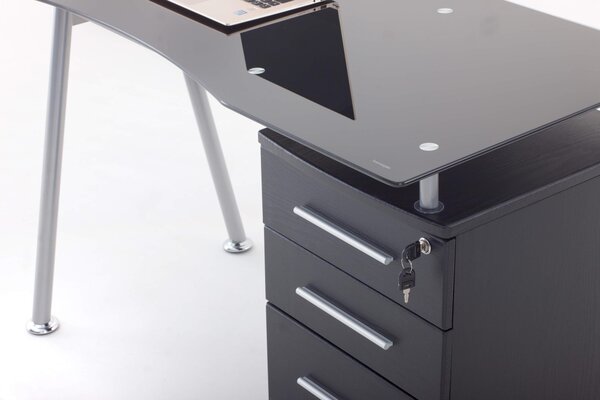 Scrivania 120x60xH75 cm in Vetro con Cassettiera Record Nera