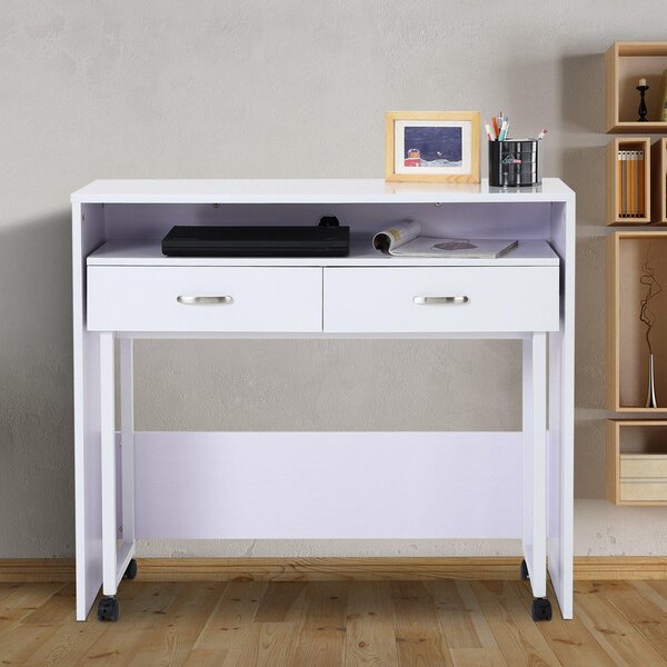 Scrivania Tavolo Porta PC con due Ripiani con Ruote in Legno MDF Bianco 100x36x88 cm