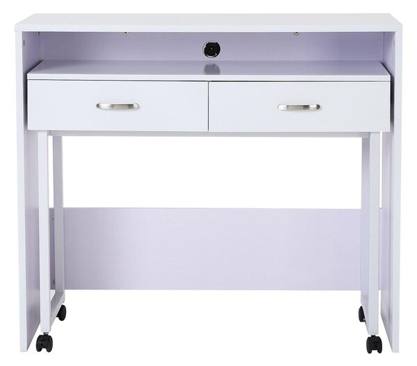 Scrivania Tavolo Porta PC con due Ripiani con Ruote in Legno MDF Bianco 100x36x88 cm
