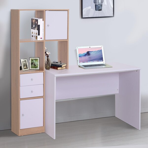Scrivania con Scaffalatura 5 Ripiani e 2 Cassetti in Legno Bianco Rovere 153x60x148 cm